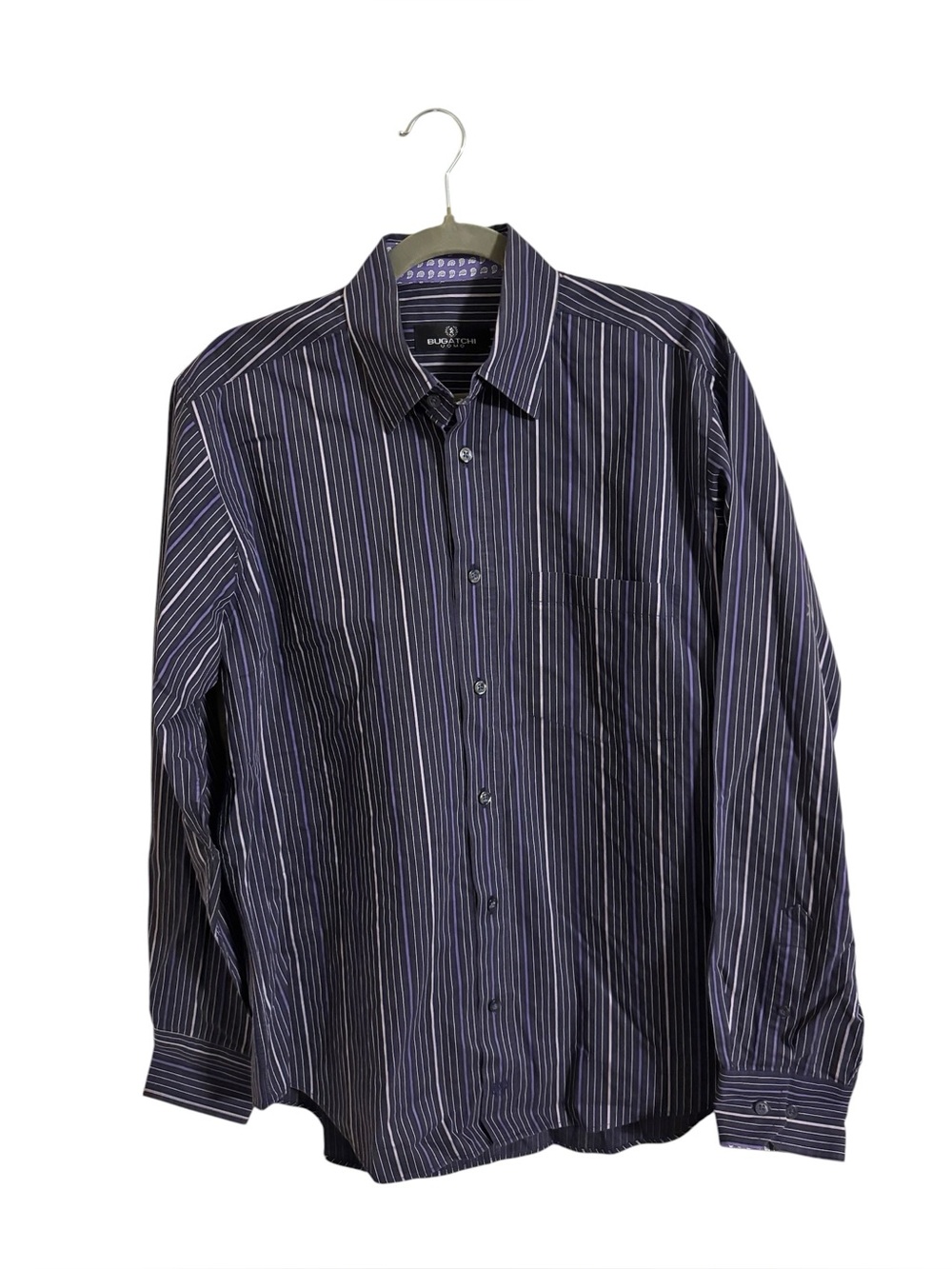 Bugatchi Uomo Black Purple Striped Button Up Shirt Medium